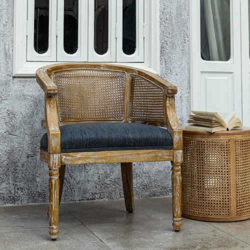 HOMY CASA Mid-Century Rattan Armchair Accent Chair Barrel Chair, Living Room Chairs with Distressed Solid Wood Frame, Bedroom Lounge Chair