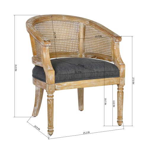 HOMY CASA Mid-Century Rattan Armchair Accent Chair Barrel Chair, Living Room Chairs with Distressed Solid Wood Frame, Bedroom Lounge Chair