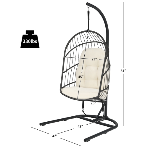 Patiojoy Modern Rattan Hanging Egg Swing Chair w/Stand Foldable Cushioned Hammock Gray/Beige