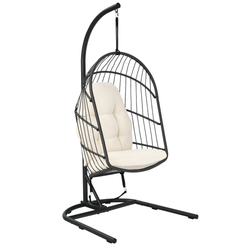Patiojoy Modern Rattan Hanging Egg Swing Chair w/Stand Foldable Cushioned Hammock Gray/Beige