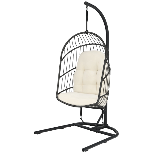 Patiojoy Modern Rattan Hanging Egg Swing Chair w/Stand Foldable Cushioned Hammock Gray/Beige
