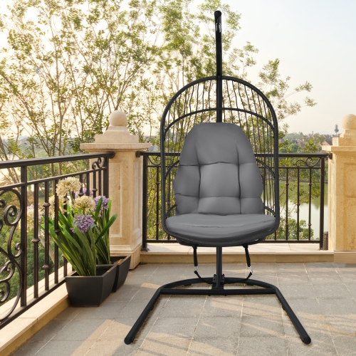 Patiojoy Modern Rattan Hanging Egg Swing Chair w/Stand Foldable Cushioned Hammock Gray/Beige