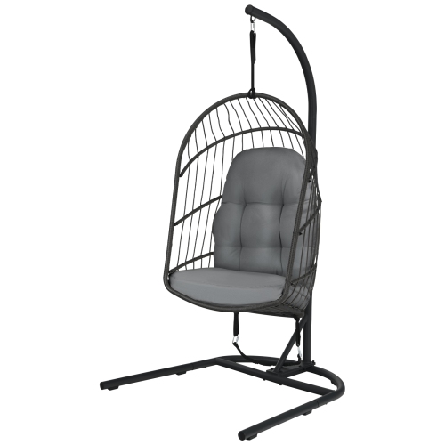Patiojoy Modern Rattan Hanging Egg Swing Chair w/Stand Foldable Cushioned Hammock Gray/Beige