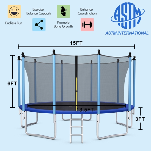 Patiojoy – trampolines de loisir approuvées par l'ASTM avec filet de protection 15ft, Jumping Exercise