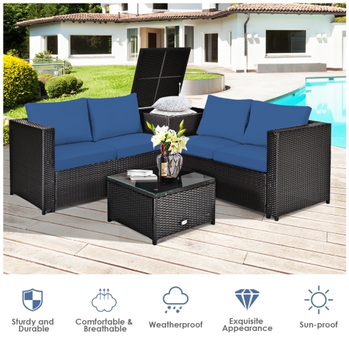 Topbuy Outdoor Rattan Sectional Loveseat Couch Conversation Sofa Set with Storage Box &Coffee Table Red/Navy/Turquoise
