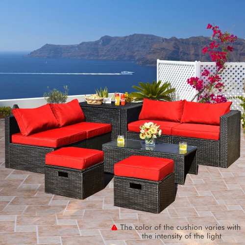 Patiojoy 8PCS Patio Conversation Set Sectional Sofa Set, All-Weather PE Rattan, Tempered Glass Table & Washable Cushion Covers