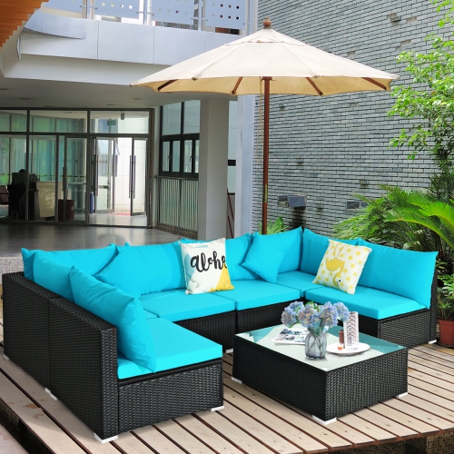 Topbuy 7-Piece Patio PE Rattan Sectional Sofa Furniture Set Wicker Sofa Conversation Set Navy/Turquoise/Red