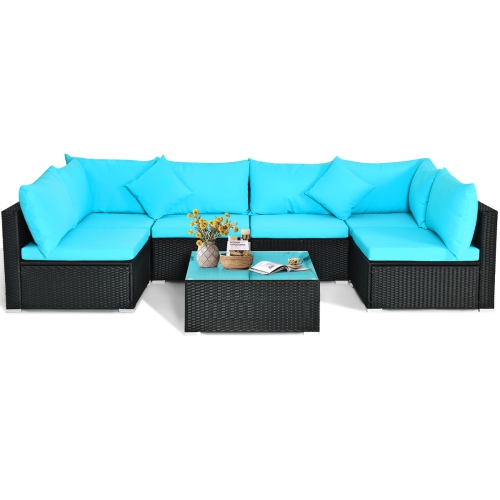 Topbuy 7-Piece Patio PE Rattan Sectional Sofa Furniture Set Wicker Sofa Conversation Set Navy/Turquoise/Red