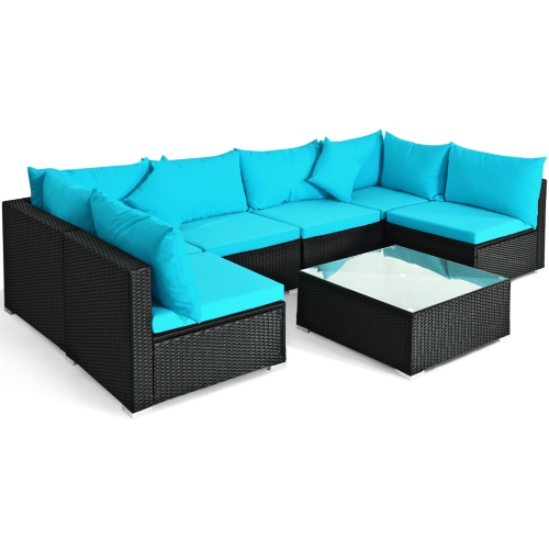 Topbuy 7-Piece Patio PE Rattan Sectional Sofa Furniture Set Wicker Sofa Conversation Set Navy/Turquoise/Red