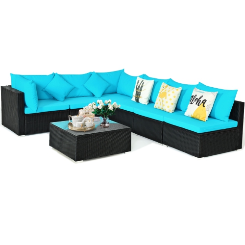Topbuy 7-Piece Patio PE Rattan Sectional Sofa Furniture Set Wicker Sofa Conversation Set Navy/Turquoise/Red