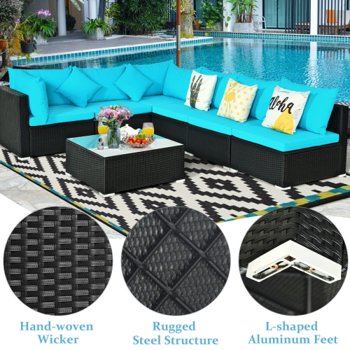 Topbuy 7-Piece Patio PE Rattan Sectional Sofa Furniture Set Wicker Sofa Conversation Set Navy/Turquoise/Red