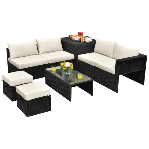 TOPBUY  Patiojoy 8PCs Patio Conversation Set Sectional Sofa Set, All-Weather Pe Rattan, Tempered Glass Table & Washable Cushion Covers