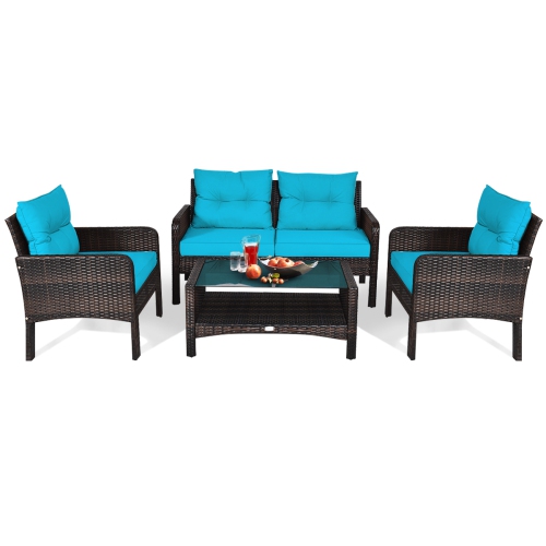TOPBUY  Patiojoy 4 Piece Patio Conversation Set Rattan Wicker Loveseat Sofa Coffee Table & Glass Top