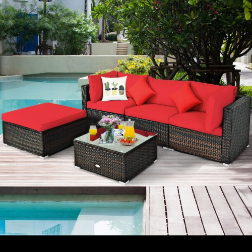 Topbuy Outdoor Rattan Sectional Loveseat Couch Conversation Sofa Set with Storage Box &Coffee Table Red/Navy/Turquoise