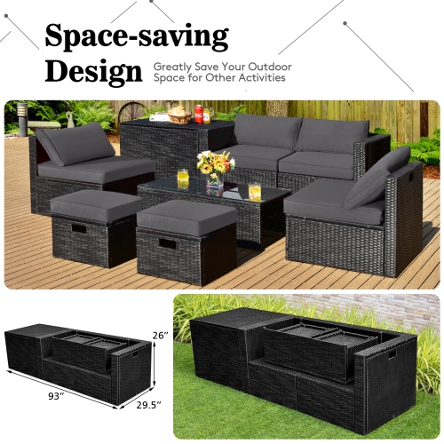 Patiojoy 8PCS Patio Conversation Set Sectional Sofa Set, All-Weather PE Rattan, Tempered Glass Table & Washable Cushion Covers
