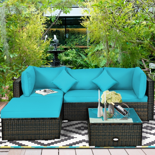 Topbuy Outdoor Rattan Sectional Loveseat Couch Conversation Sofa Set with Storage Box &Coffee Table Red/Navy/Turquoise