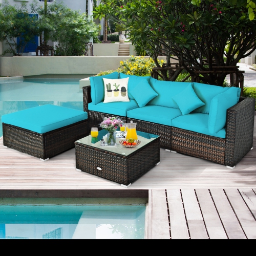 Topbuy Outdoor Rattan Sectional Loveseat Couch Conversation Sofa Set with Storage Box &Coffee Table Red/Navy/Turquoise