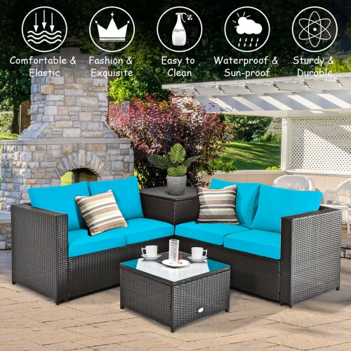 Topbuy Outdoor Rattan Sectional Loveseat Couch Conversation Sofa Set with Storage Box &Coffee Table Red/Navy/Turquoise