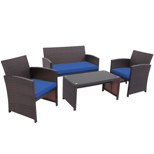 TOPBUY  Patiojoy 4PCs Outdoor Patio Furniture Sets Weather-Resistant Rattan Sofas W/ Soft Cushion In Navy