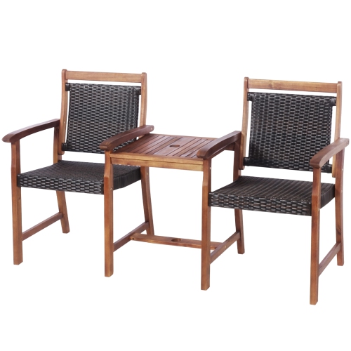 TOPBUY  Patiojoy Patio Rattan Loveseat Acacia Wood Bench W/table & Umbrella Hole Rustic In Brown