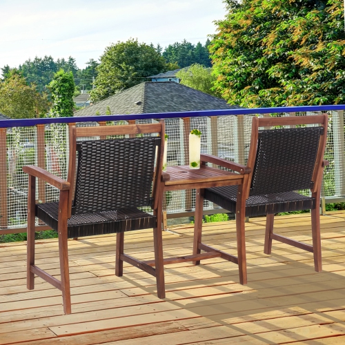 Patiojoy Patio Rattan Loveseat Acacia Wood Bench w/Table & Umbrella Hole Rustic Brown