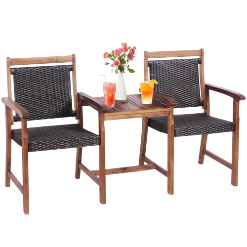 Patiojoy Patio Rattan Loveseat Acacia Wood Bench w/Table & Umbrella Hole Rustic Brown