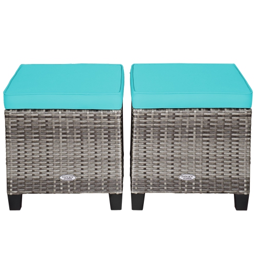Patiojoy Set of 2 Outdoor Rattan Cushioned Ottoman Seat All Weather Patio Footrest Red/Turquoise