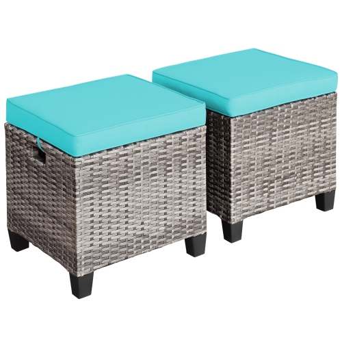 Patiojoy Set of 2 Outdoor Rattan Cushioned Ottoman Seat All Weather Patio Footrest Red/Turquoise