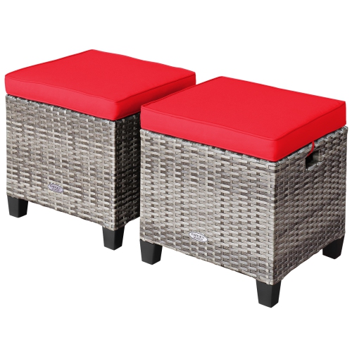 TOPBUY  Patiojoy Set Of 2 Outdoor Rattan Cushioned Ottoman Seat All Weather Patio Footrest Red/turquoise