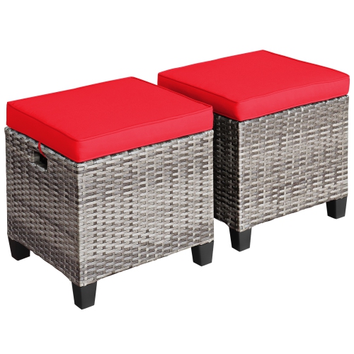Patiojoy Set of 2 Outdoor Rattan Cushioned Ottoman Seat All Weather Patio Footrest Red/Turquoise