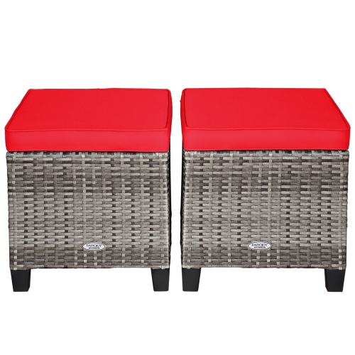 Patiojoy Set of 2 Outdoor Rattan Cushioned Ottoman Seat All Weather Patio Footrest Red/Turquoise