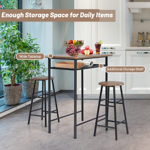 Topbuy 3-Piece Bar Table and Chair Set Counter Height Bistro Table with 2 Stools Rectangular 2 Person Dining Set with Shelf