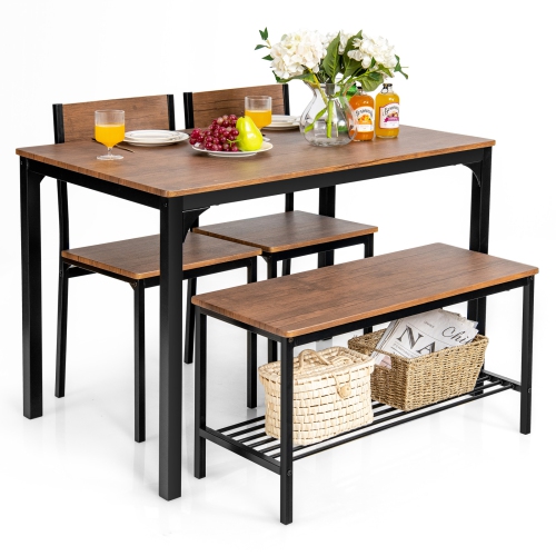 Topbuy 4PCS Dining Table Set Kitchen Table with Bench and Chairs Industrial Gathering Bench Dining Set Brown/Grey