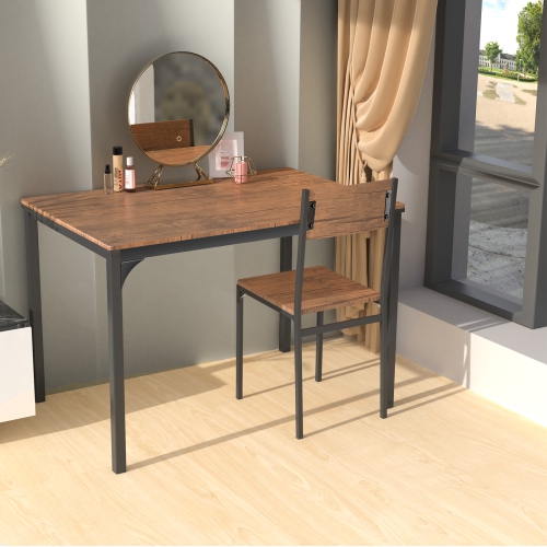 Topbuy 4PCS Dining Table Set Kitchen Table with Bench and Chairs Industrial Gathering Bench Dining Set Brown/Grey