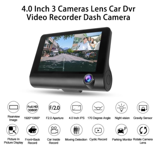 ULTREND Three-Way Car DVR Dashcam, 4"&nbsp;Dashcam pour voitures avec double objectif HD Car DVR Rearview et 1080P avant, 720P intérieur cabine et
