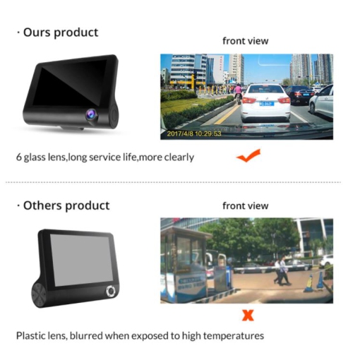 ULTREND Three-Way Car DVR Dashcam, 4"&nbsp;Dashcam pour voitures avec double objectif HD Car DVR Rearview et 1080P avant, 720P intérieur cabine et
