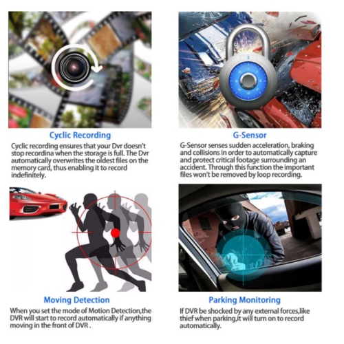 ULTREND Three-Way Car DVR Dashcam, 4"&nbsp;Dashcam pour voitures avec double objectif HD Car DVR Rearview et 1080P avant, 720P intérieur cabine et