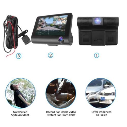 ULTREND Three-Way Car DVR Dashcam, 4"&nbsp;Dashcam pour voitures avec double objectif HD Car DVR Rearview et 1080P avant, 720P intérieur cabine et