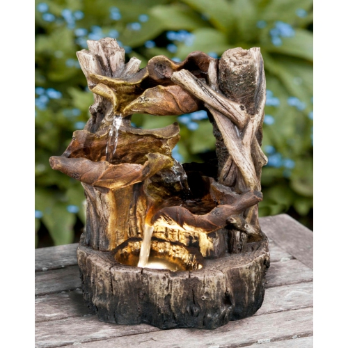 Hi-Line Gift Ltd Tree Trunk Fountain with 3 Leaves & LED