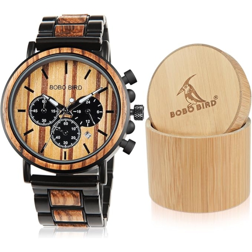Men’s Wooden & Stainless Steel Chronograph Watch – Luminous Hands, Date Display, Gift Box Included – Classic Analog Timepiece for Casual or Formal