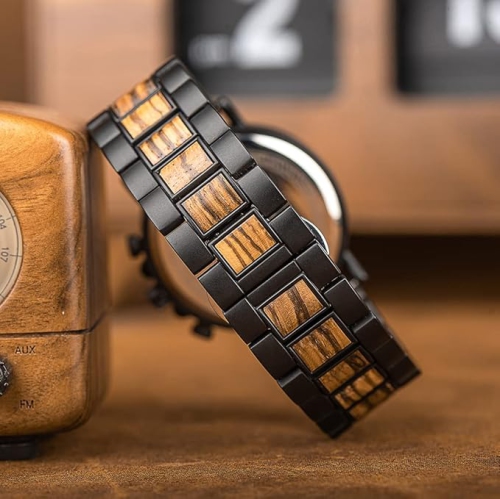 Men’s Wooden & Stainless Steel Chronograph Watch – Luminous Hands, Date Display, Gift Box Included – Classic Analog Timepiece for Casual or Formal