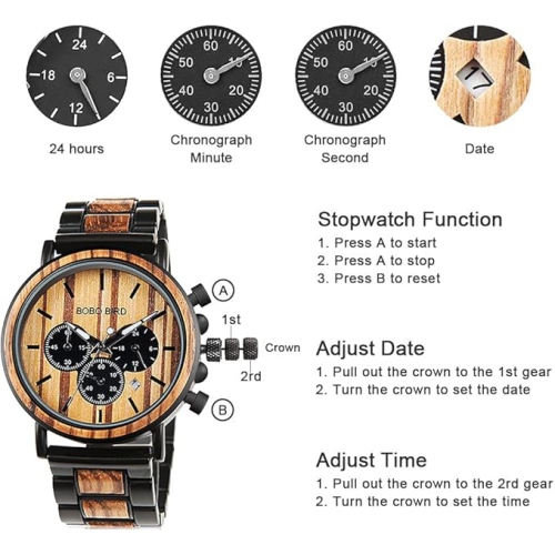 Men’s Wooden & Stainless Steel Chronograph Watch – Luminous Hands, Date Display, Gift Box Included – Classic Analog Timepiece for Casual or Formal