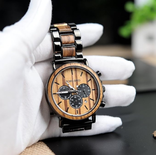 Men’s Wooden & Stainless Steel Chronograph Watch – Luminous Hands, Date Display, Gift Box Included – Classic Analog Timepiece for Casual or Formal