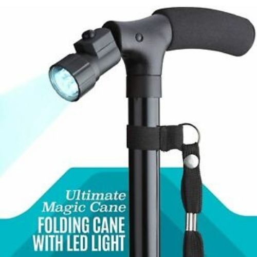 Walking Stick Cane Folding With Light LED Strap Handle Metal Adjustable - 4 Legs