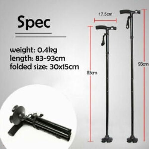Walking Stick Cane Folding With Light LED Strap Handle Metal Adjustable - 4 Legs