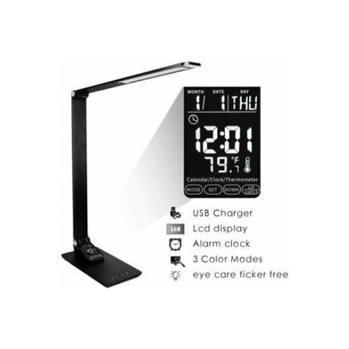 LED Desk Lamp with USB Charging Port LCD Screen Calendar Clock Alarm Thermometer