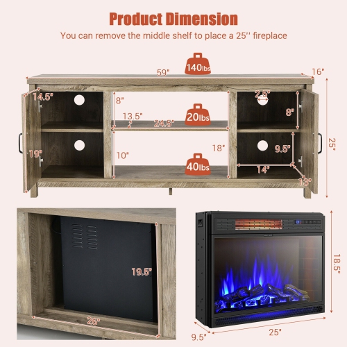 Gymax 59'' Fireplace TV Stand W/ 25'' 1350W Electric Fireplace Heater