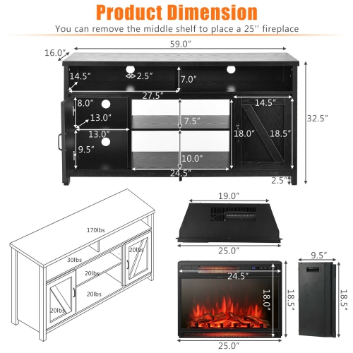 Gymax 59'' Fireplace TV Stand W/ 25'' 1350W Electric Fireplace Heater
