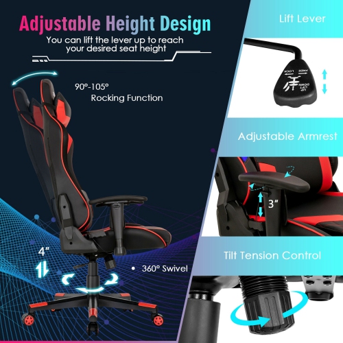 Gymax Gaming Chair Adjustable Swivel Computer Chair w/ Dynamic LED Lights