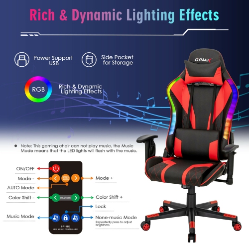 Gymax Gaming Chair Adjustable Swivel Computer Chair w/ Dynamic LED Lights